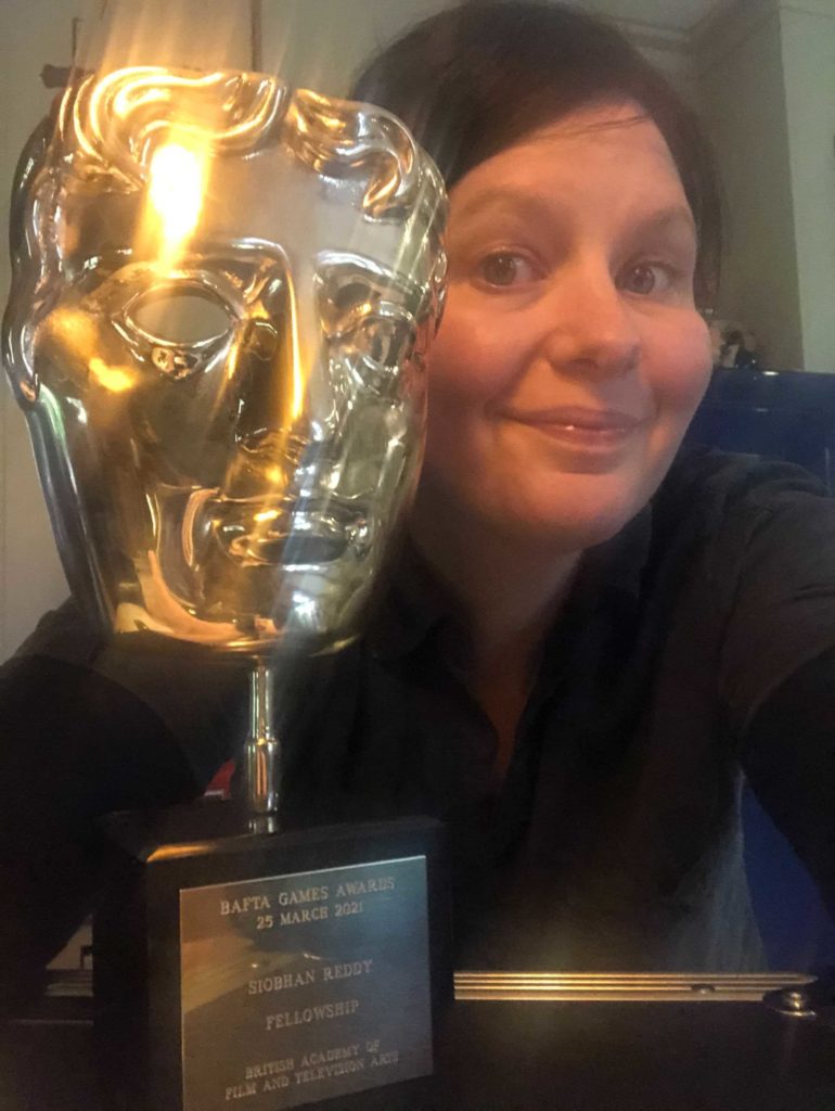 Siobhan Reddy with her BAFTA Fellowship mask!